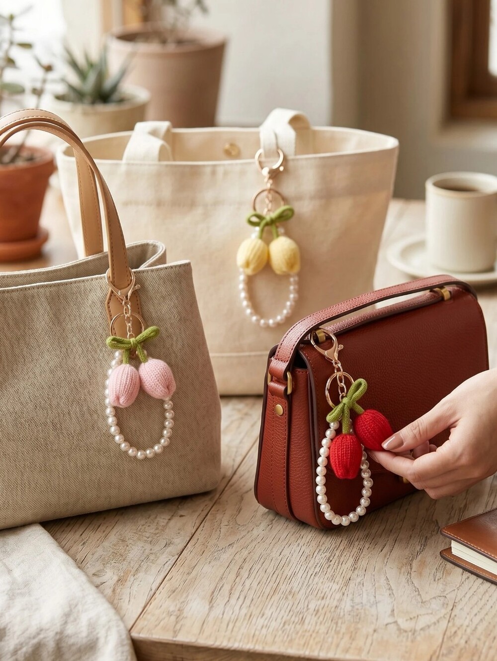 Handcrafted Crochet Tulip Bag Charm Keychain With Pearl Wristlet